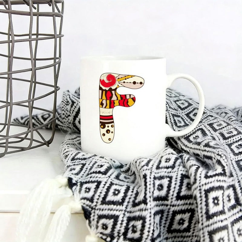 Tailorly White Ceramic 11 oz Mug - Intricate Tribal Inspired Patterns Featuring Vibrant Swirls And Shapes On Letter F