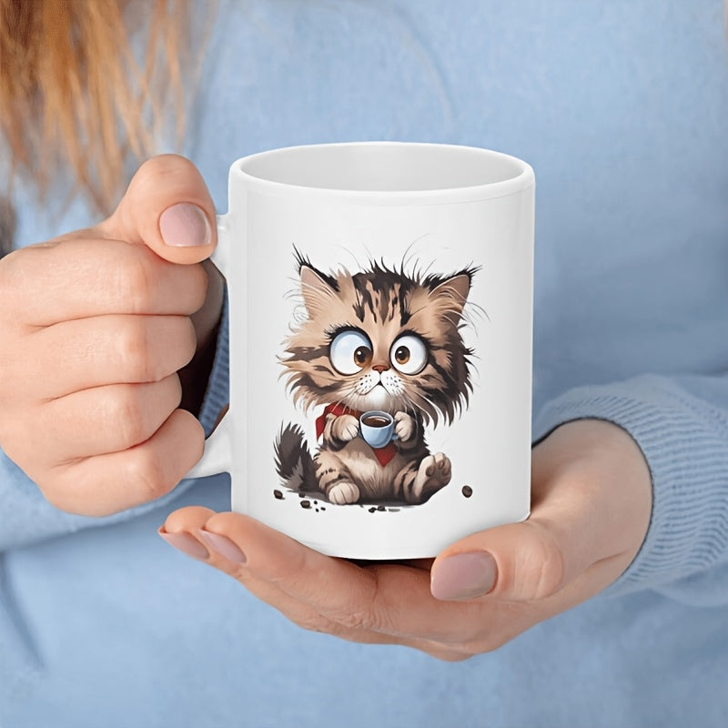 Tailorly White Ceramic 11 oz Mug - Fluffy Brown Tabby Character Holding Tiny Blue Coffee Mug Kitten
