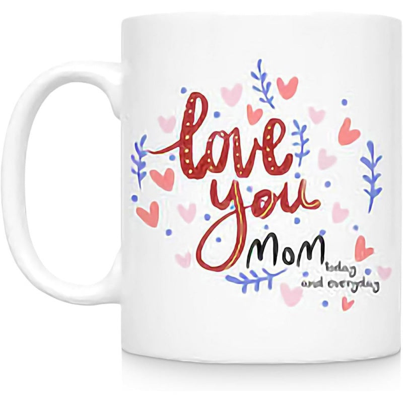 Tailorly White Ceramic 11 oz Mug - Love You Mom Today And Everyday Delicate Hearts With Botanical Sprigs And Tiny Dots Creating A Warm Atmosphere Heart