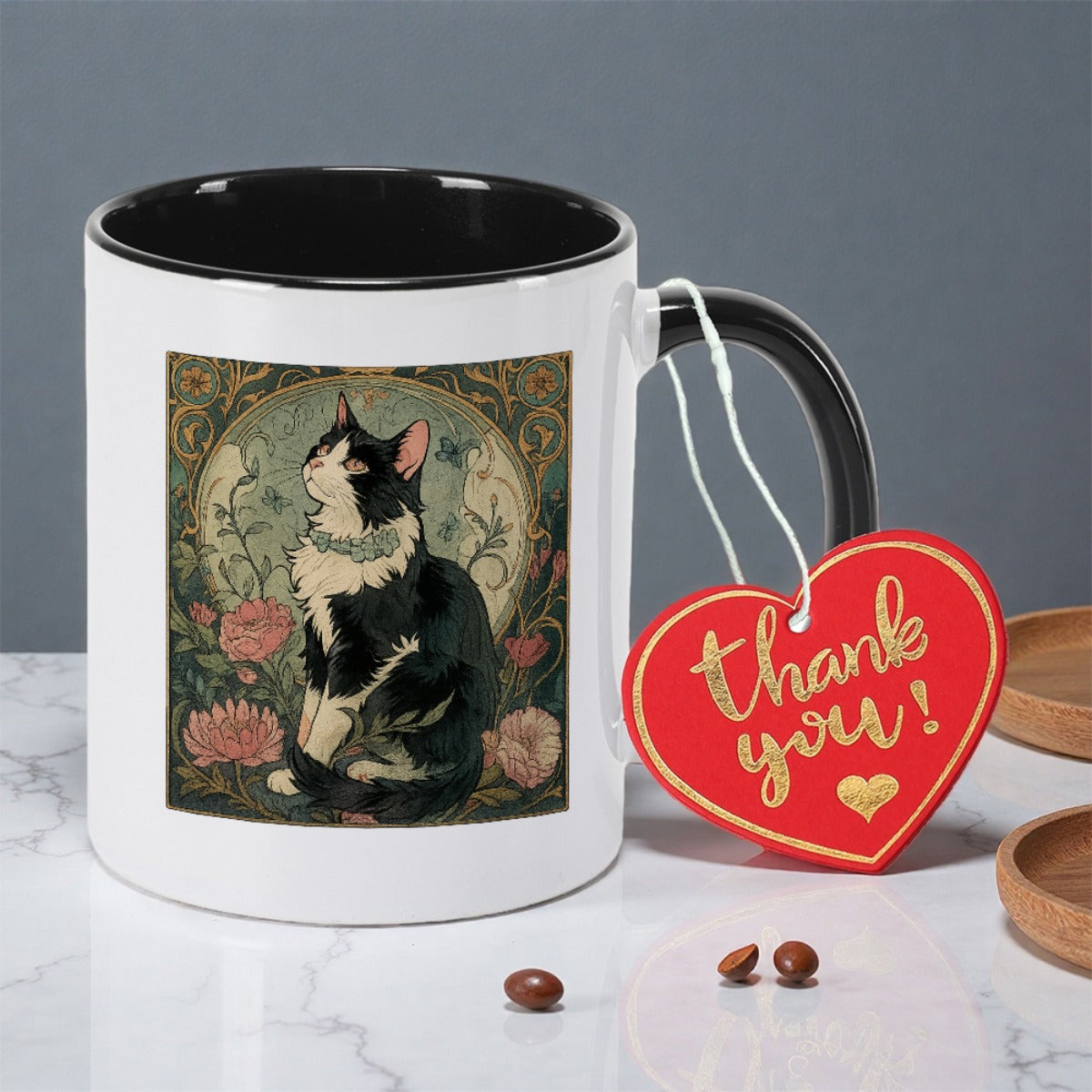 Tailorly Black Accent 11 oz Mug - 1pc with the cat with flowers print double sided print christmas tea mug floral print dishwasher safe for preppy dads
