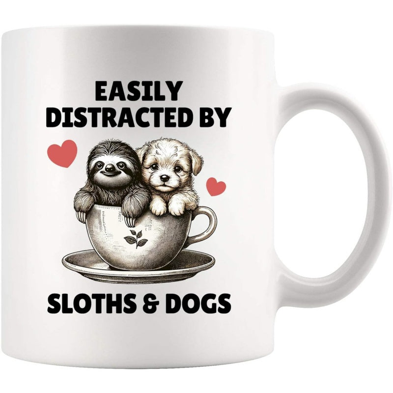 Tailorly White Ceramic 11 oz Mug - Easily Distracted By Sloths Dogs Adorable Puppy And Sloth Resting Inside A Teacup Dog