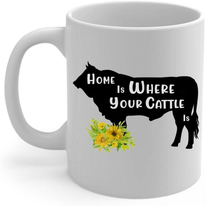 Tailorly White Ceramic 11 oz Mug - Home Is Where Your Cattle Is Silhouette Of A Cow With Bright Sunflowers Blooming Under Its Belly Cow