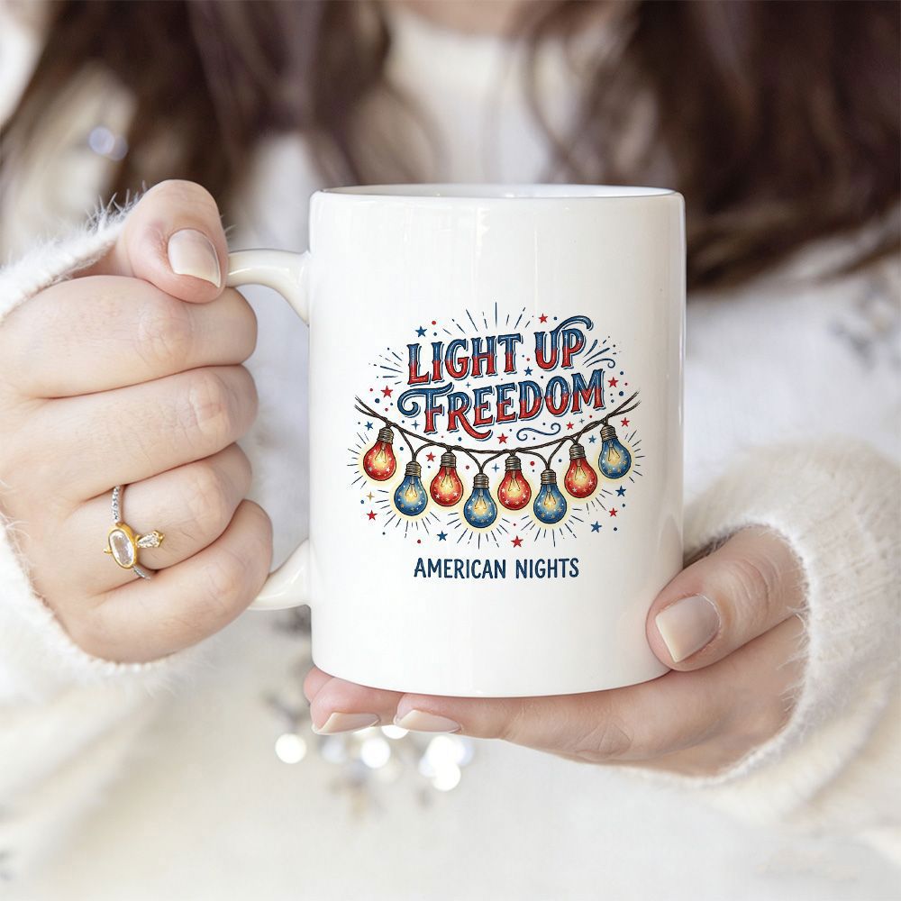 Tailorly White Ceramic 11 oz Mug - Light Up Freedom American Nights Vibrant Glowing String Of Colorful Festive Holiday Bulbs Hanging Below Text Light Bulbs