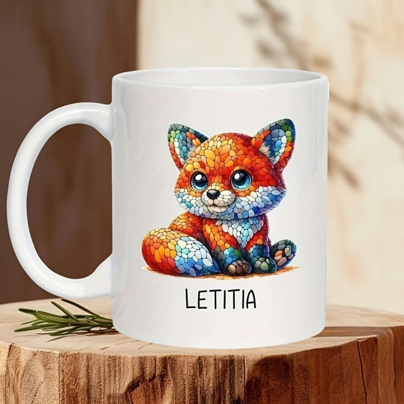 Tailorly White Ceramic 11 oz Mug - Letitia Colorful Stained Glass Style Mosaic Pattern Baby Fox