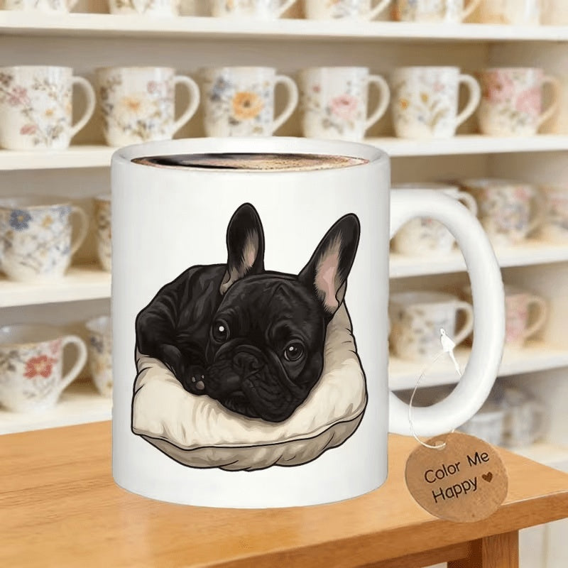 Tailorly White Ceramic 11 oz Mug - Color Me Happy Adorable Black Puppy Resting Comfortably On A Soft Plush Cushion French Bulldog