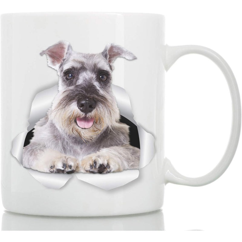 Tailorly White Ceramic 11 oz Mug - Realistic Three Dimensional Effect Peeking Out Through Torn White Paper Schnauzer