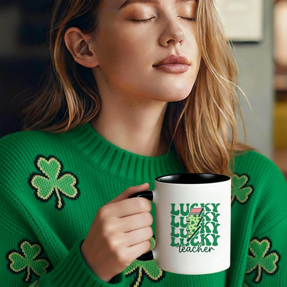 Tailorly Black Accent 11 oz Mug - teacher shamrock irish hat