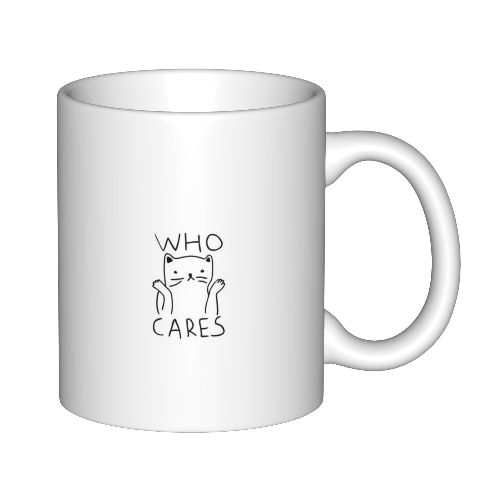 Tailorly White Ceramic 11 oz Mug - Who Cares Simple Hand Drawn Minimalist Line Art Shrugging Small Cute Funny Sarcastic Cat