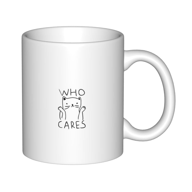 Tailorly White Ceramic 11 oz Mug - Who Cares Simple Hand Drawn Minimalist Line Art Shrugging Small Cute Funny Sarcastic Cat