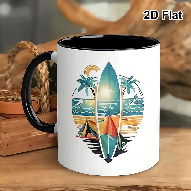 Tailorly Black Accent 11 oz Mug - surfboard and beach scenery