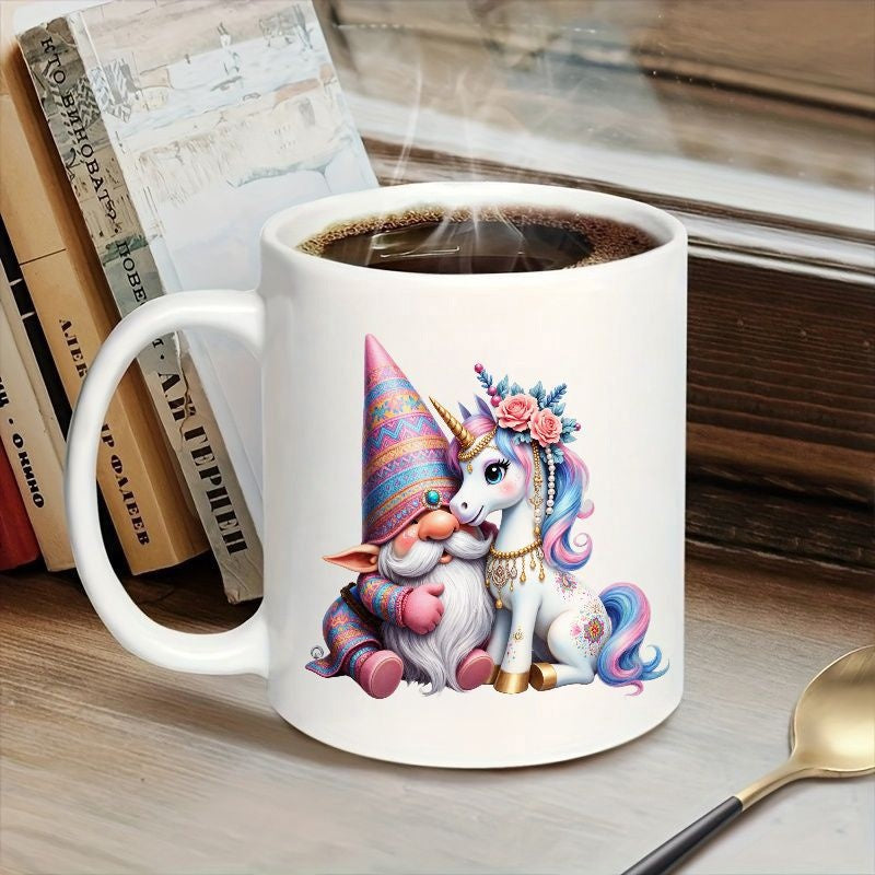 Tailorly White Ceramic 11 oz Mug - Adorable Whimsical Gnome Embracing A Pastel Magical Floral Crowned Unicorn