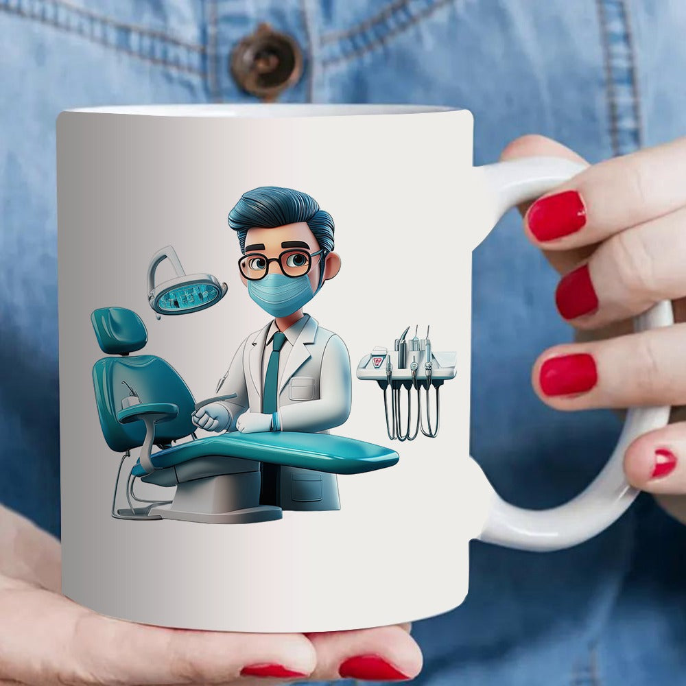 Tailorly White Ceramic 11 oz Mug - Friendly Cartoon Male Wearing White Coat With Medical Equipment And Teal Chair Dentist