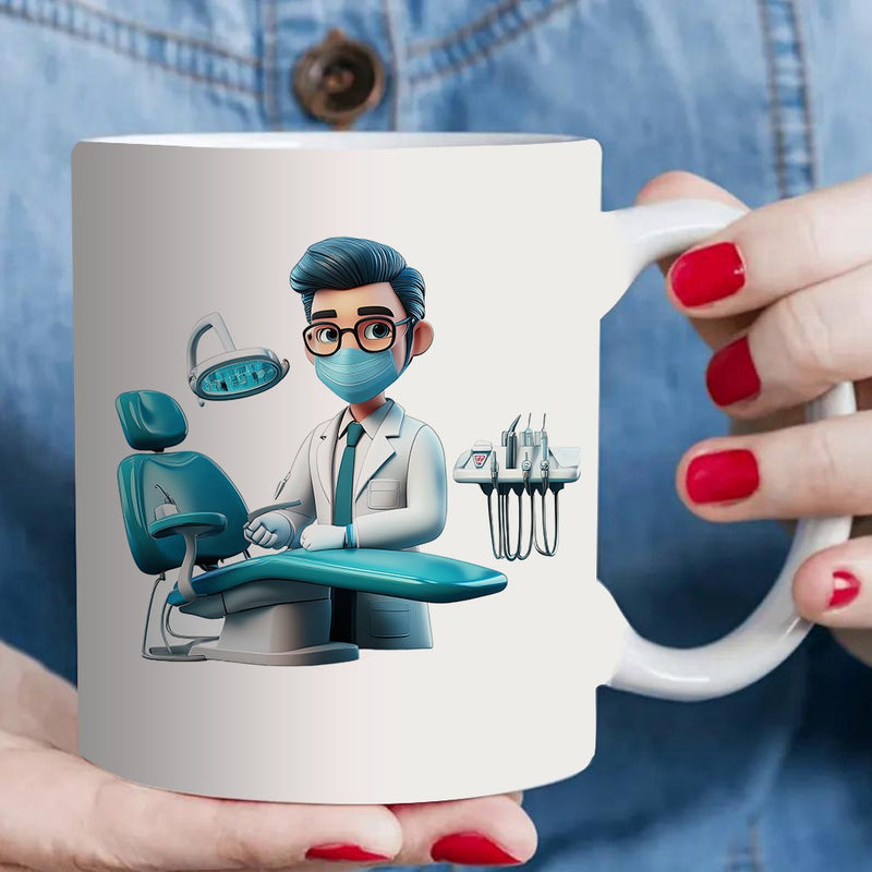 Tailorly White Ceramic 11 oz Mug - Friendly Cartoon Male Wearing White Coat With Medical Equipment And Teal Chair Dentist
