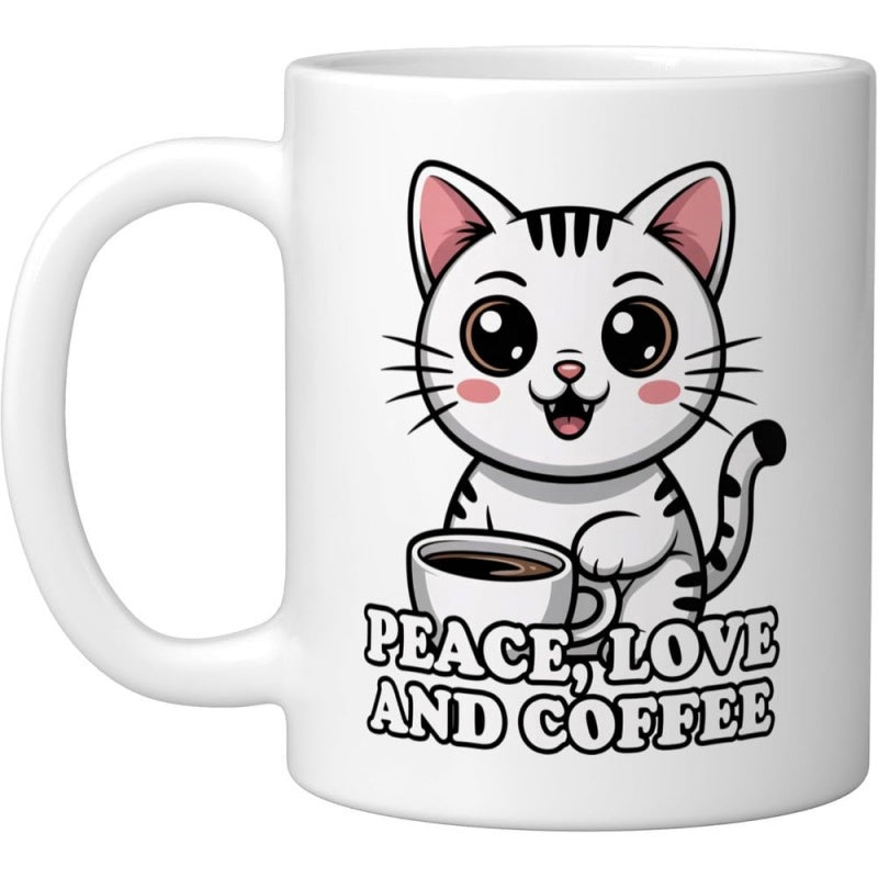 Tailorly White Ceramic 11 oz Mug - Peace Love And Coffee Cute Cartoon White Tabby Holding Cup Of Hot Coffee Cat