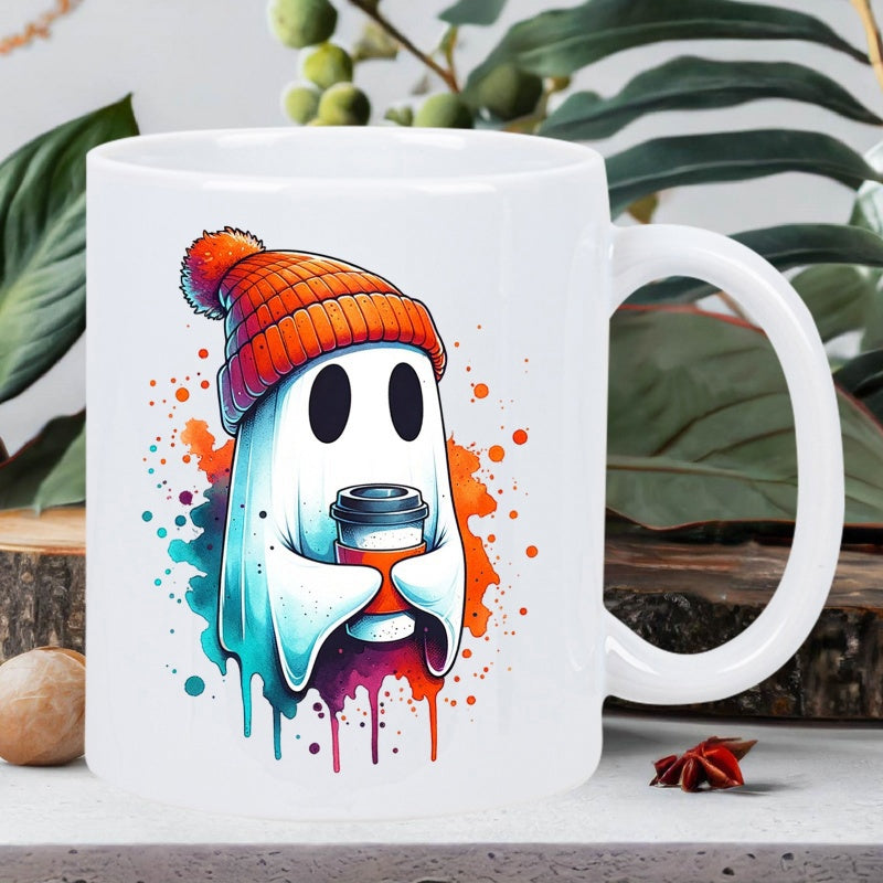 Tailorly White Ceramic 11 oz Mug - Adorable Spooky White Apparition With Orange Winter Beanie Holding Coffee Ghost