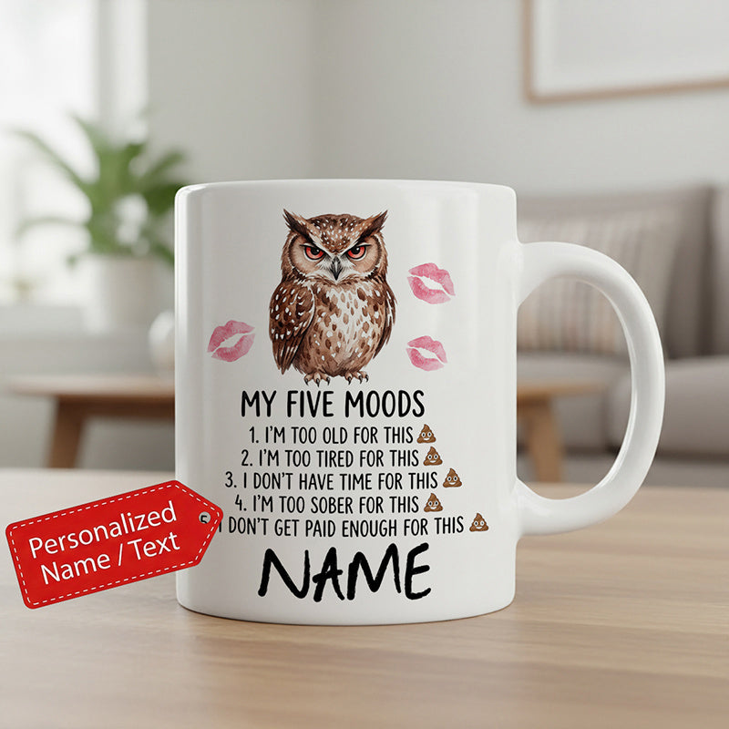 Tailorly White Ceramic 11 oz Mug - My Five Moods Brown Feathered Bird With Pink Kiss Marks And Text Owl