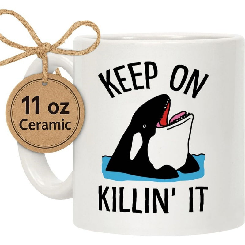 Tailorly White Ceramic 11 oz Mug - Keep On Killin It Smiling Cartoon Killer Whale Emerging From Calm Blue Sea Water Orca