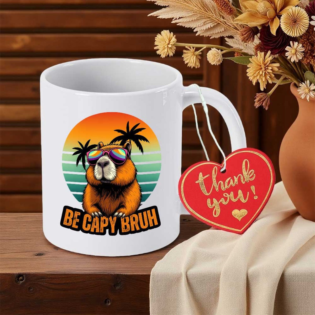 Tailorly White Ceramic 11 oz Mug - Be Capy Bruh Cool Wearing Sunglasses Under Retro Sunset With Tropical Palm Trees Capybara