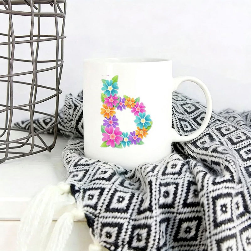 Tailorly White Ceramic 11 oz Mug - Vibrant Colorful Flowers Arranged In The Shape Of A Lowercase Letter