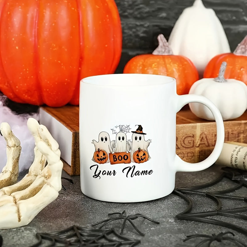 Tailorly White Ceramic 11 oz Mug - Boo Your Name Three Cute Cartoon Ghosts Holding Carved Pumpkins Wearing Witch Hat Ghost