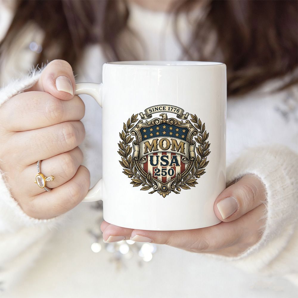 Tailorly White Ceramic 11 oz Mug - Mom USA Since 1776 Classic Heraldic Shield Featuring Stars And Stripes Within Laurel Wreath Emblem