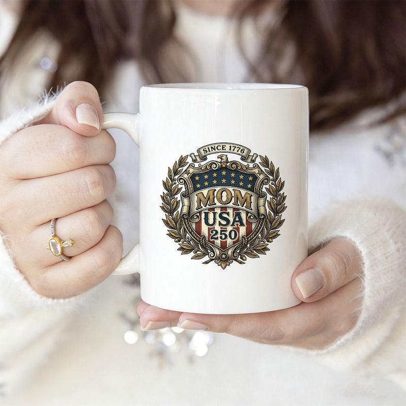 Tailorly White Ceramic 11 oz Mug - Mom USA Since 1776 Classic Heraldic Shield Featuring Stars And Stripes Within Laurel Wreath Emblem