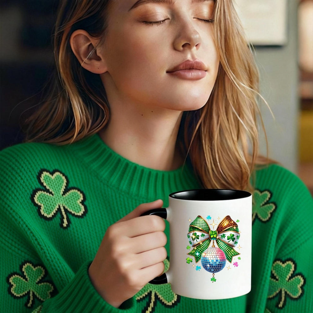 Tailorly Black Accent 11 oz Mug - clover pattern with colorful bow and disco ball design