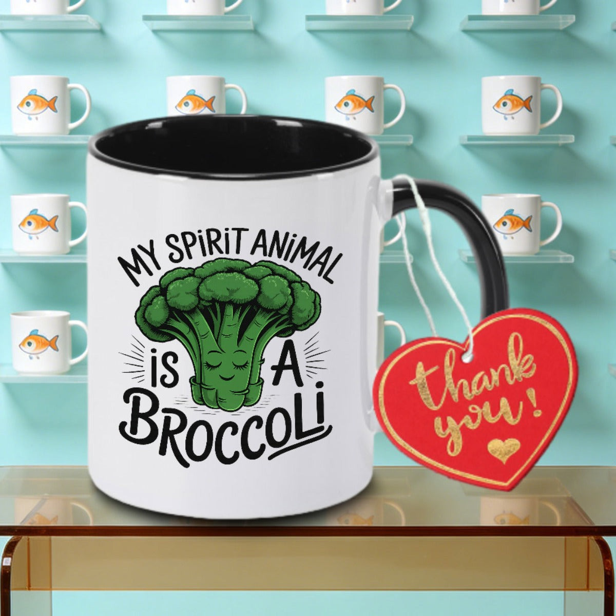 Tailorly Black Accent 11 oz Mug - Broccoli logo Tea Milk Or Water