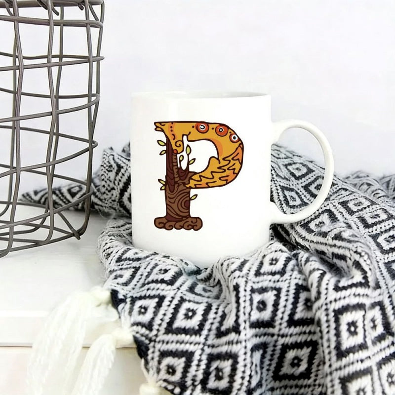 Tailorly White Ceramic 11 oz Mug - Creative Initial Letter P With Melting Pepperoni And Wood Bark Pizza