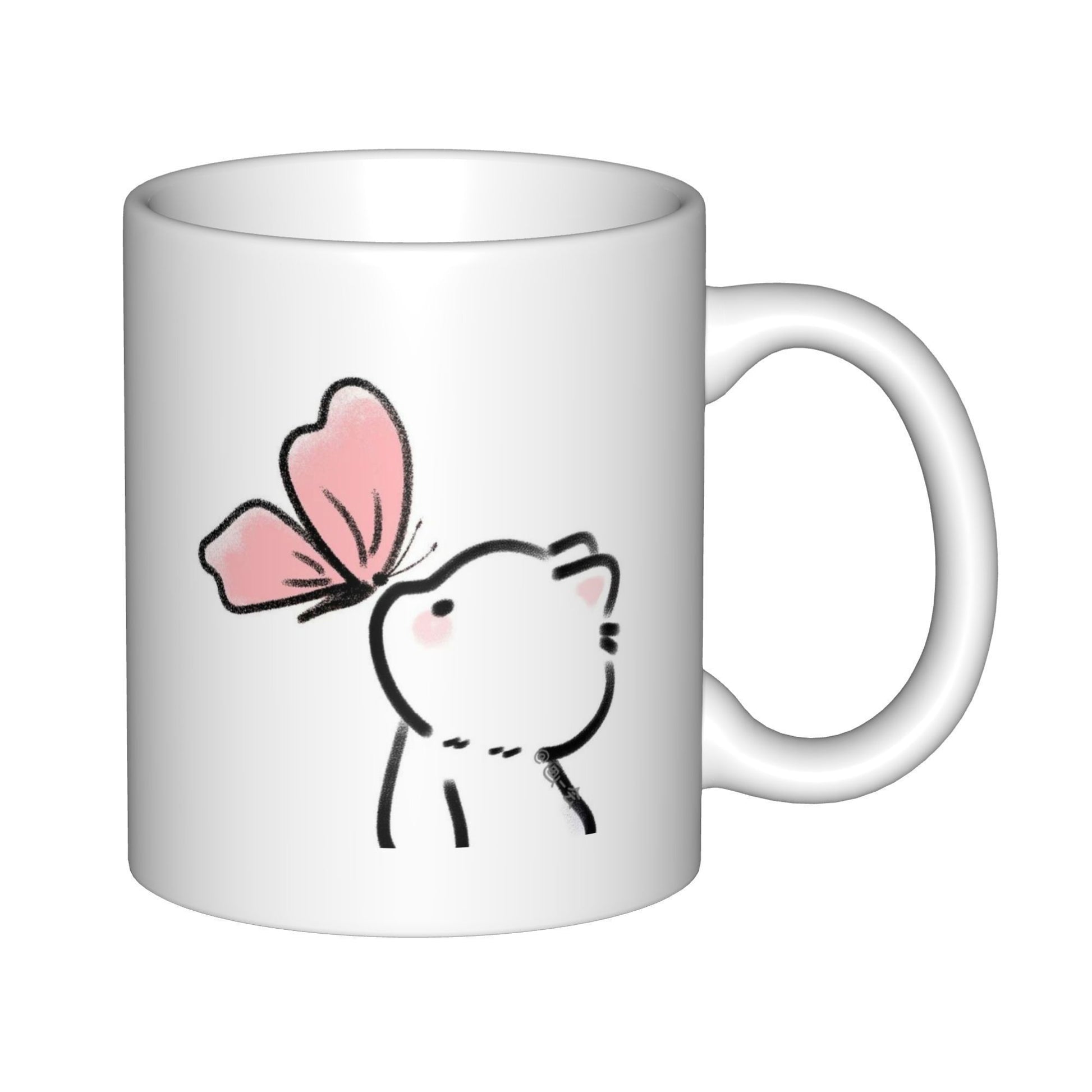 Tailorly White Ceramic 11 oz Mug - Minimalist Line Art Kitten Playing With Gentle Pink Fluttering Butterfly Cat