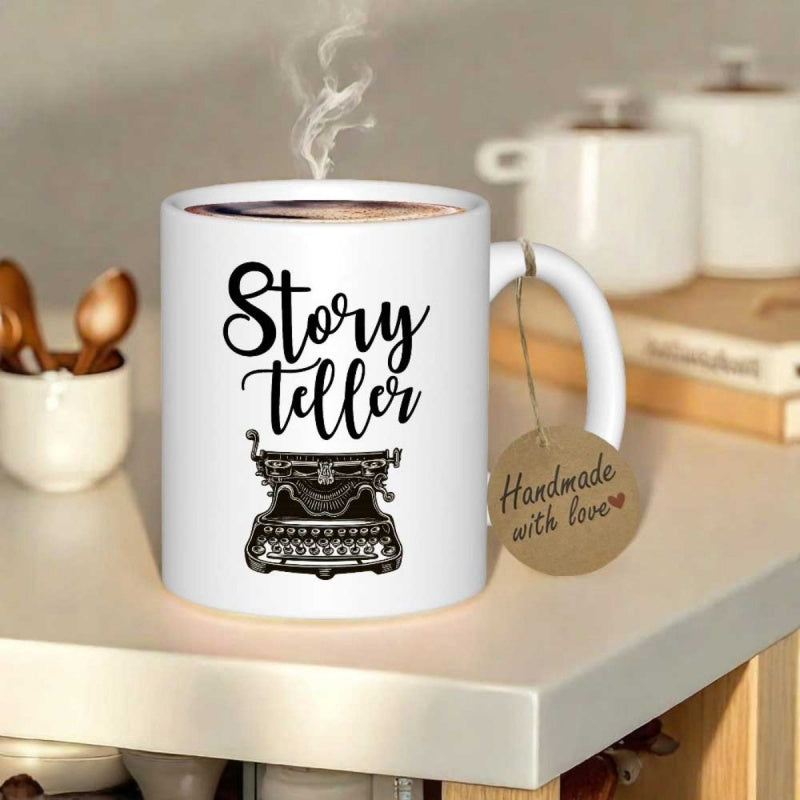 Tailorly White Ceramic 11 oz Mug - Story Teller Vintage Manual Writing Machine With Elegant Script Font On White Ceramic Typewriter