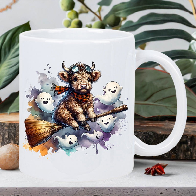 Tailorly White Ceramic 11 oz Mug - Highland Cow Wearing Goggles Riding A Broomstick With Smiling Friendly Ghosts Cow