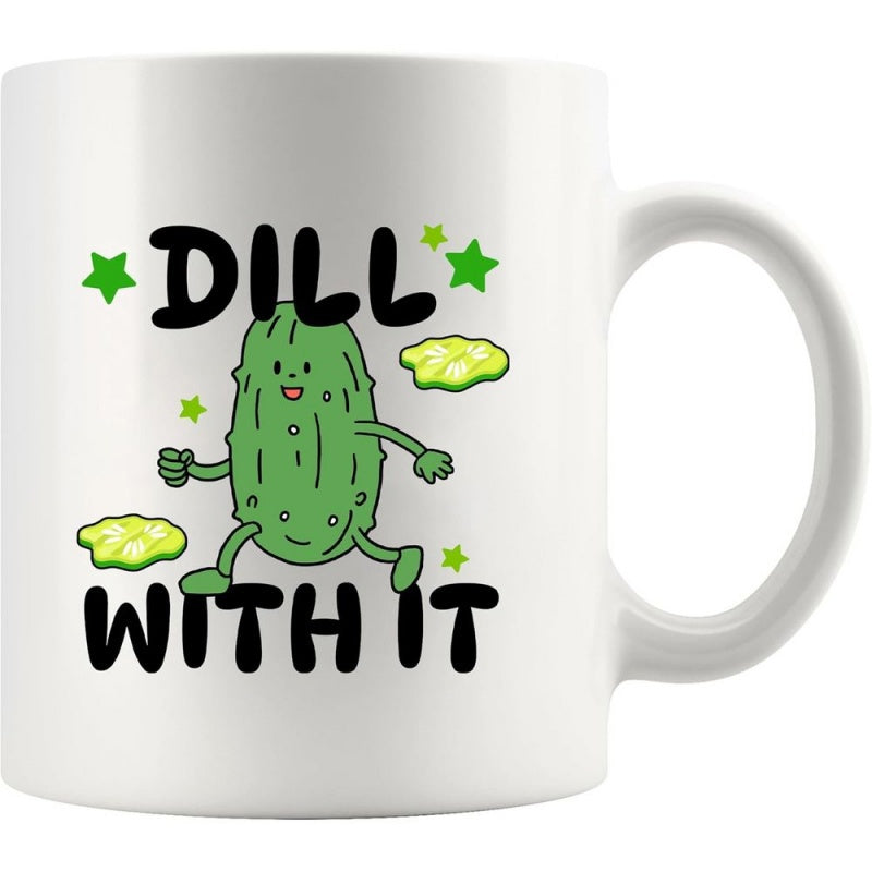 Tailorly White Ceramic 11 oz Mug - Dill With It Happy Green Character Walking Among Bright Twinkling Little Stars Pickle