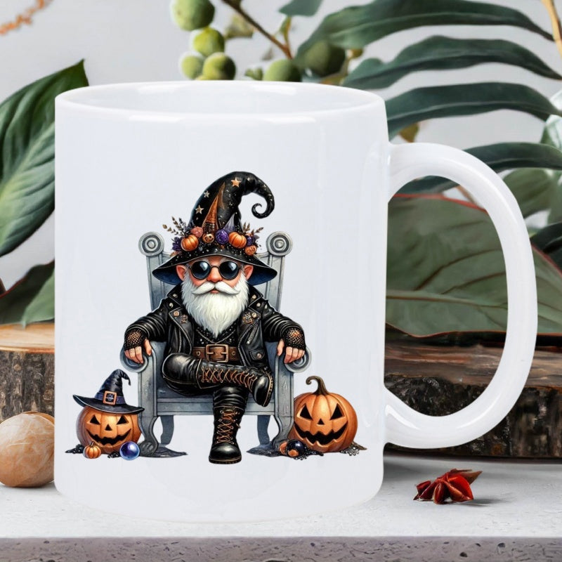 Tailorly White Ceramic 11 oz Mug - Mystical Bearded Figure Sitting On Throne Guarded By Spooky Carved Pumpkins Gnome