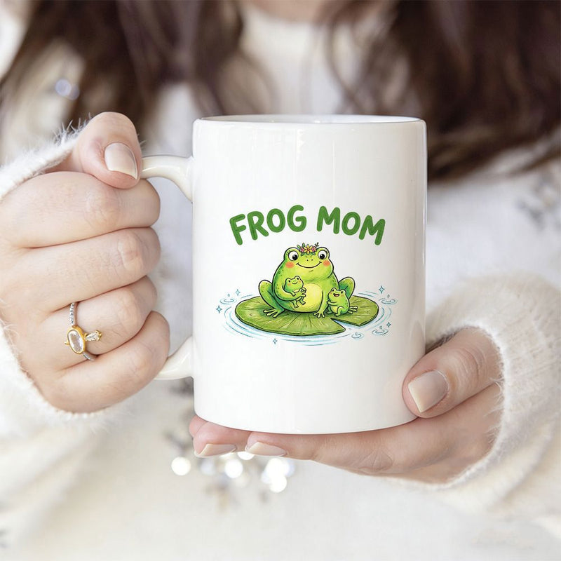 Tailorly White Ceramic 11 oz Mug - Frog Mom Adorable Green Amphibian Resting On Floating Lily Pad In Blue Water Frog