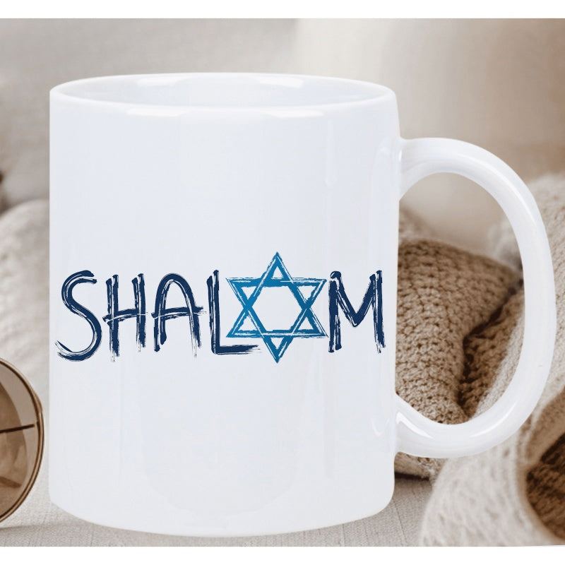 Tailorly White Ceramic 11 oz Mug - Shalom Artistic Blue Textured Star Of David Pattern With Hand Drawn Strokes Mug