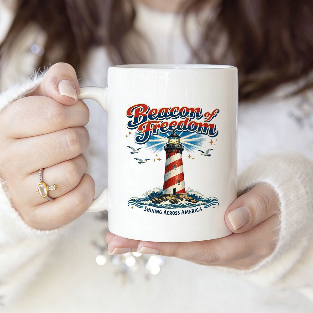 Tailorly White Ceramic 11 oz Mug - Beacon Of Freedom Shining Across America Red Striped Structure Standing Among Ocean Waves Under Flying Seagulls Lighthouse