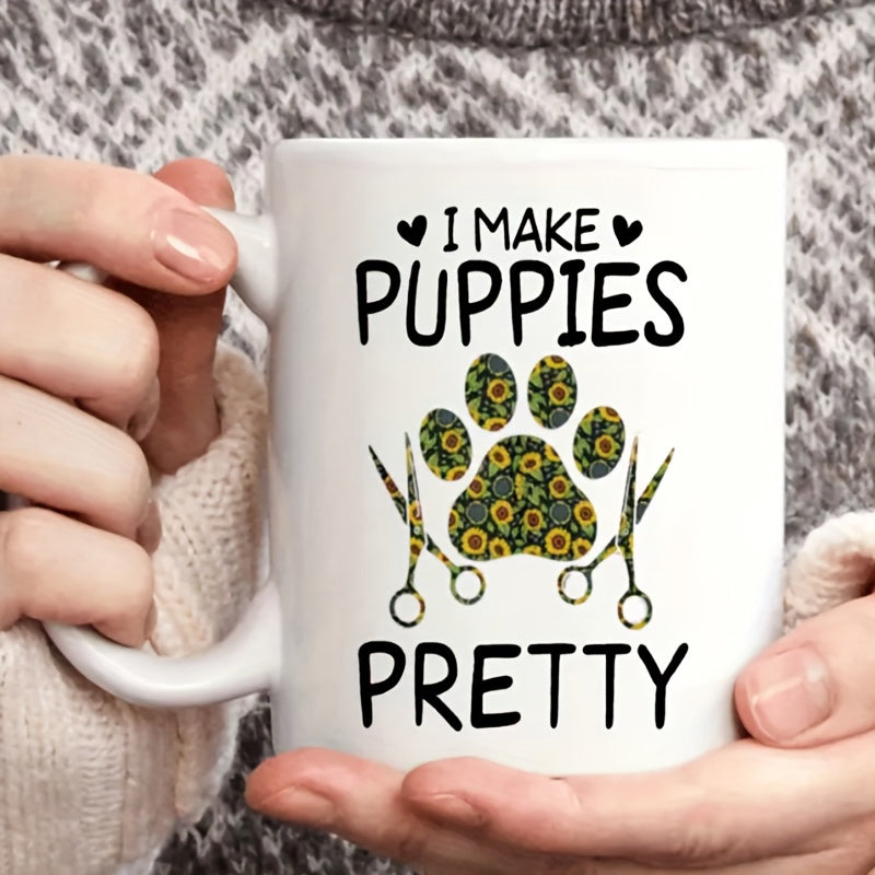 Tailorly White Ceramic 11 oz Mug - I Make Puppies Pretty Sunflower Patterned Paw Print Framed By Professional Silver Metal Grooming Scissors Paw