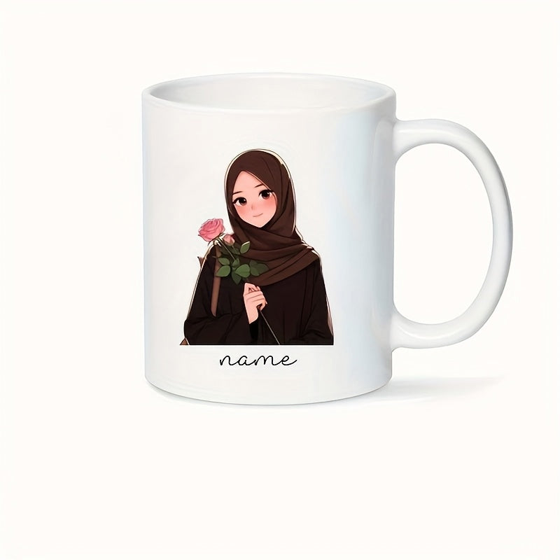 Tailorly White Ceramic 11 oz Mug - Name Beautiful Girl Wearing Brown Hijab Holding Single Pink Rose Girl