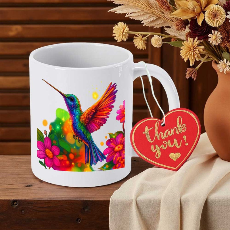 Tailorly White Ceramic 11 oz Mug - Thank You Vibrant Watercolor Hummingbird Hovering Near Colorful Blooming Flowers Hummingbird