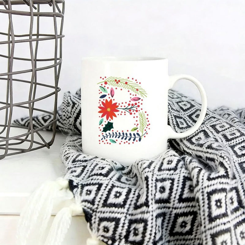 Tailorly White Ceramic 11 oz Mug - Floral Arrangement With Red Blooms And Green Leaves Shaping A Letter