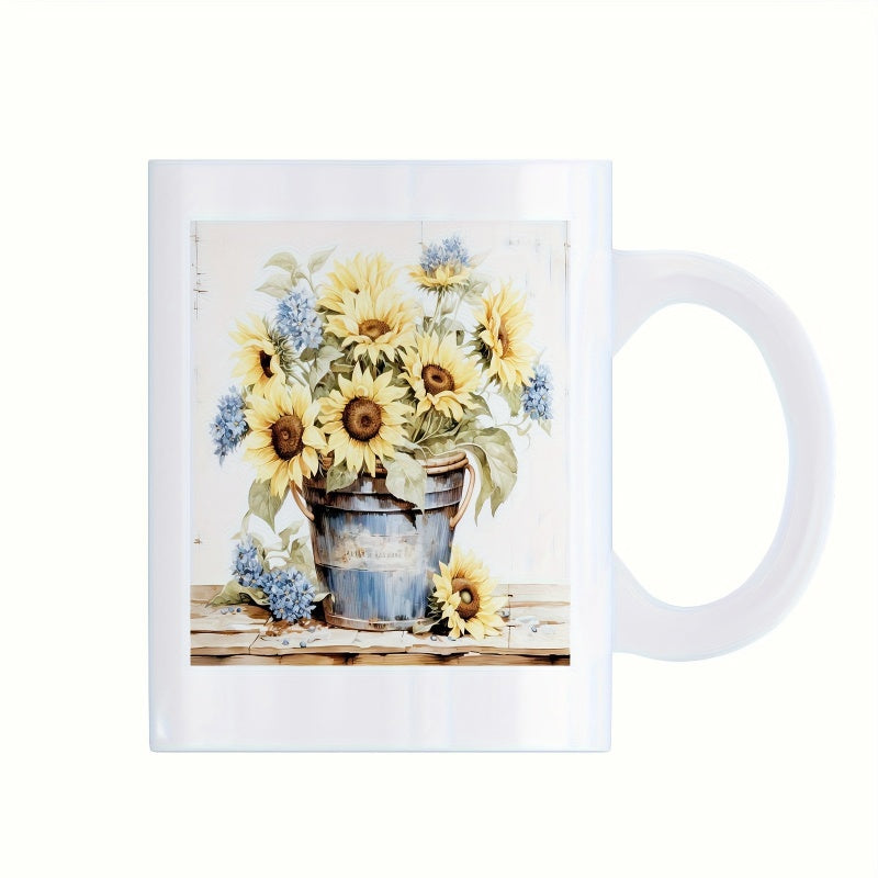 Tailorly White Ceramic 11 oz Mug - Rustic Blue Metal Bucket Filled With Vibrant Yellow Sunflowers Floral Bouquet