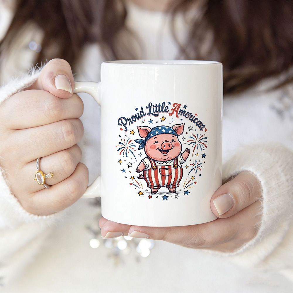 Tailorly White Ceramic 11 oz Mug - Proud Little American Adorable Cartoon Character Wearing Patriotic Stars And Stripes Overalls Pig