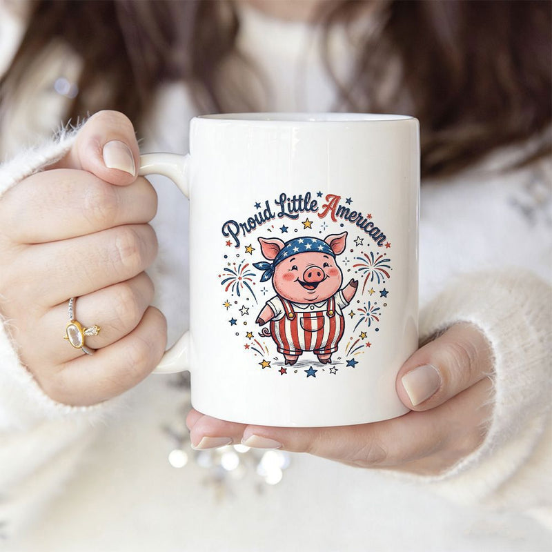 Tailorly White Ceramic 11 oz Mug - Proud Little American Adorable Cartoon Character Wearing Patriotic Stars And Stripes Overalls Pig
