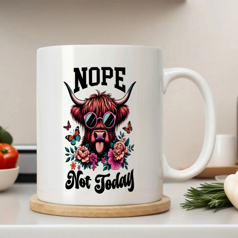 Tailorly White Ceramic 11 oz Mug - Nope Not Today Stylized Shaggy Highland Cow Wearing Round Sunglasses Among Flowers And Butterflies Cow