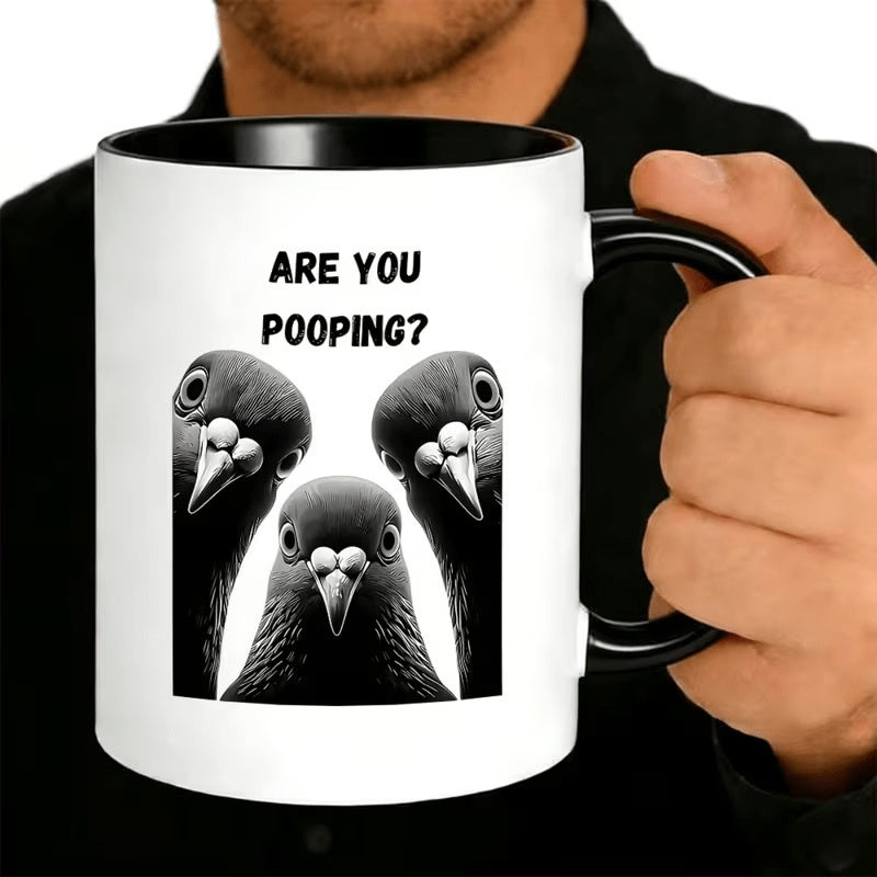 Tailorly Black Accent 11 oz Mug - funny penguin with text "are you pooping"