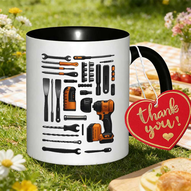 Tailorly Black Accent 11 oz Mug - toolbox with construction tools illustration