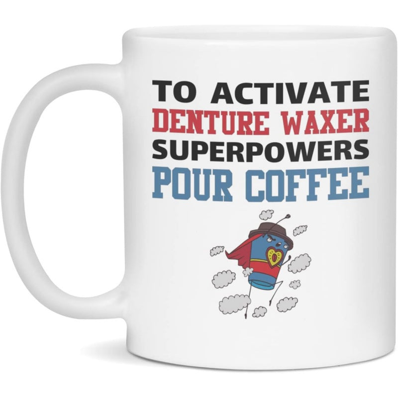 Tailorly White Ceramic 11 oz Mug - To Activate Denture Waxer Superpowers Pour Coffee Small Cartoon Superhero Cup Flying Among Clouds Wearing A Red Cape Mug