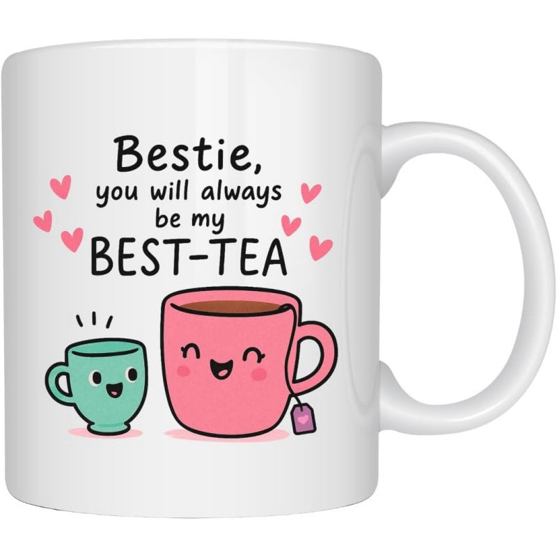 Tailorly White Ceramic 11 oz Mug - Bestie You Will Always Be My Best Tea Two Smiling Cartoon Cups Surrounded By Pink Floating Hearts And Tea Tag Teacup