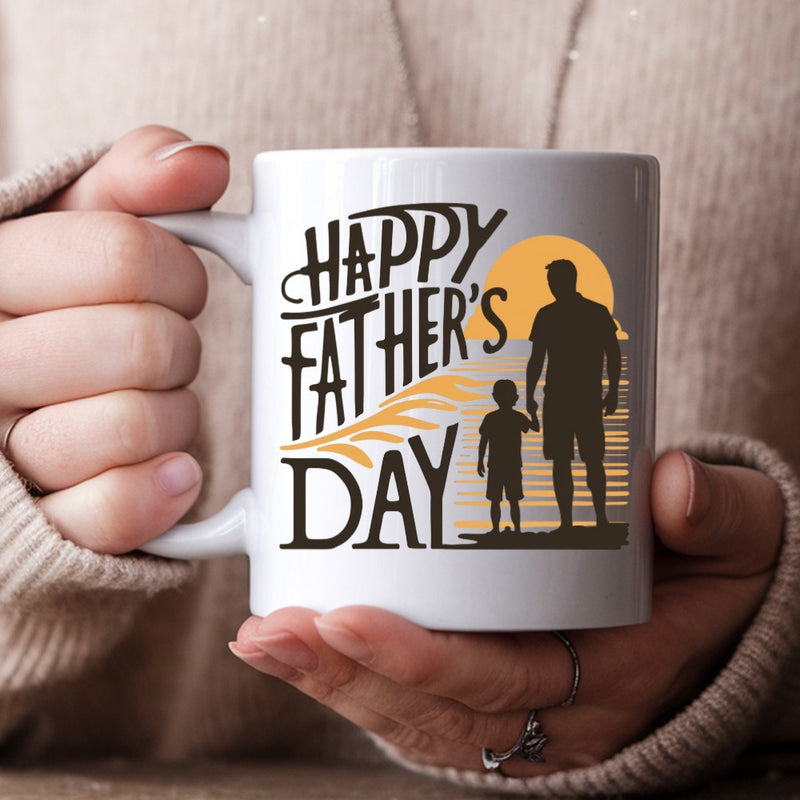 Tailorly White Ceramic 11 oz Mug - Happy Father's Day Father And Son Walking Hand In Hand Under Golden Sunset Silhouette